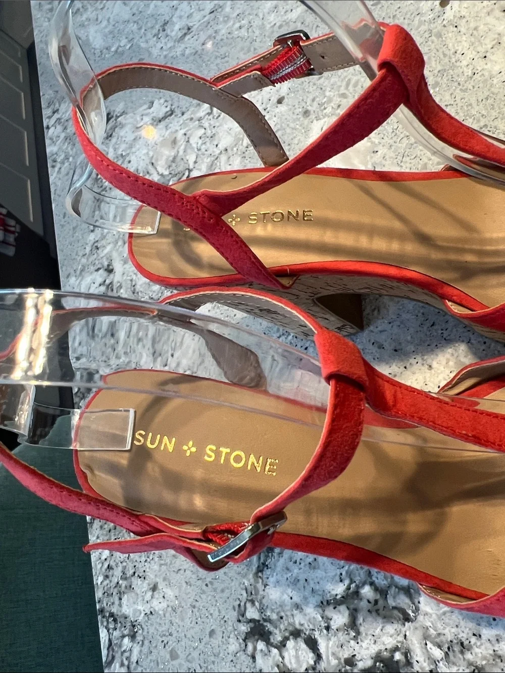 SUN + STONE Jamie T-Strap Platform Sandals Red Coral Cork Block Heel Size 9.5